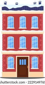 Christmas decorated house facade, New Year greeting card with a small cottage house vector illustration.