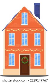 Christmas decorated house facade, New Year greeting card with a small cottage house vector illustration.