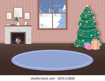 Christmas decorated house flat color vector illustration. Xmas celebration. Holiday decorations. Evergreen tree with lights. Hygge fireplace. Cozy 2D cartoon interior with snowy forest on background