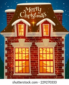 Christmas decorated house. Greeting card \ poster \ banner. Vector illustration.