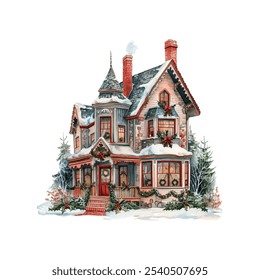 christmas decorated house vector illustration in watercolor style