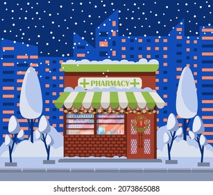 Christmas decorated and illuminated pharmacy store. Cozy facade of a brick building with an entrance, a canopy, a door, a shop window, on a winter city street. cartoon vector illustration