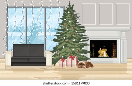 Christmas decorated interior with fir tree, gift boxes and dog sleeping. Fireplace with fire, sofa and fairy lights. Holiday vector