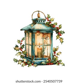 christmas decorated lantern vector illustration in watercolor style