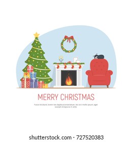 Christmas decorated living room. Cozy room with fireplace, red armchair, christmas tree and pile gifts. Christmas background in flat style. Vector illustration.