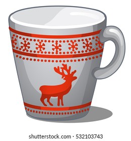 Christmas decorated mug with ornaments and deer in red isolated on white background. Vector illustration.