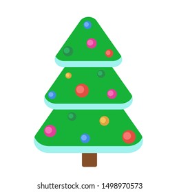 Christmas Decorated New Year tree, green spruce and gift box under xmas tree. Winter holiday traditional decorated fir trees with balls and garland. Isolated flat vector illustration icon