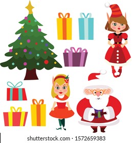 christmas decorated pine tree and cartoon santa elf