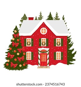 Christmas decorated red house. Santa Claus' house. Winter red cottage with a garland and a Christmas tree. Illustrated vector clipart.