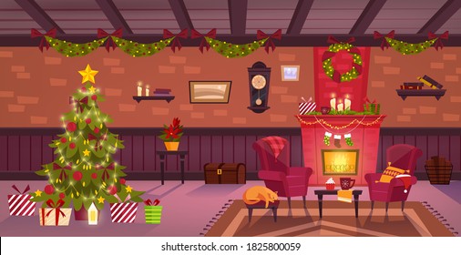 Decoración navideña de interiores con chimenea, árbol de Navidad, regalos, sillón, gato, alfombra, reloj. Fondo interior de invierno con pared de ladrillo, chimenea, corona, caja de regalos. Salón acogedor de Navidad