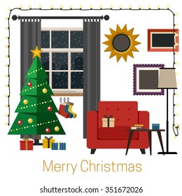 Christmas decorated room on white background. Vector interior in flat style.