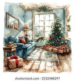 christmas decorated room vector illustration in watercolor style