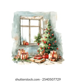 Ilustración vectorial de la habitación decorada de Navidad en estilo de acuarela