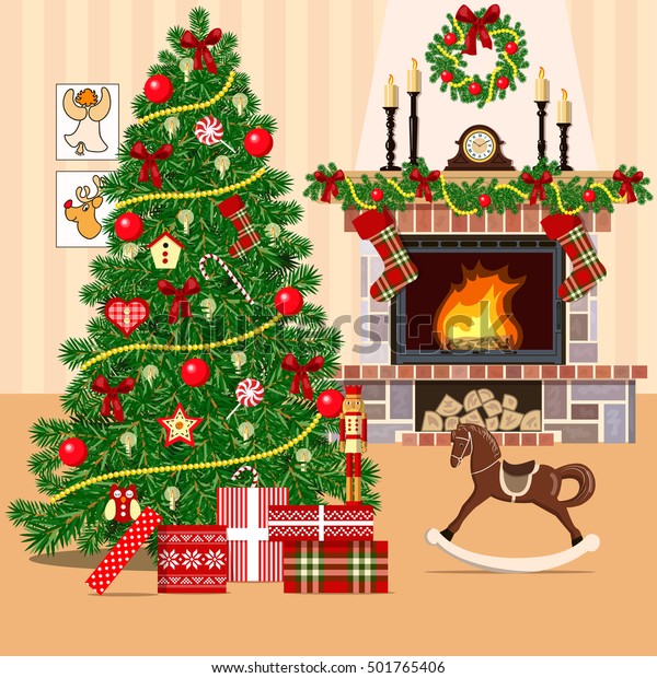 Christmas Decorated Room Xmas Tree Fireplace Stock Vector Royalty