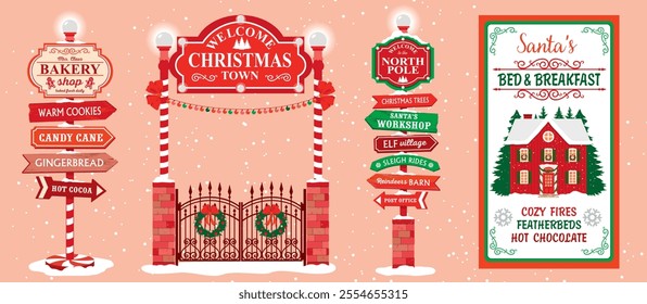 Christmas decorated signs and road signs set. Signs for the Christmas town and the North Pole with arrows. Pointer with inscriptions of Santa workshop, village elf and More. Illustrated vector clipart