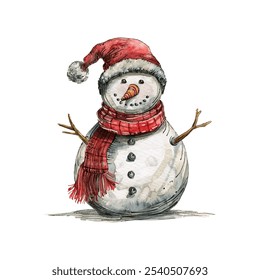 christmas decorated snowman vector illustration in watercolor style