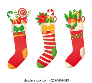 Christmas decorated socks with presents set in cartoon style isolated on white background