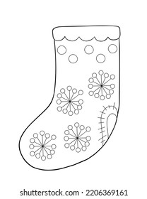 Christmas decorated stocking for gifts outline hand drawn doodle vector illustration, Merry Christmas and Happy New Year festive holiday decor, clipart for poster, greeting card, sticker