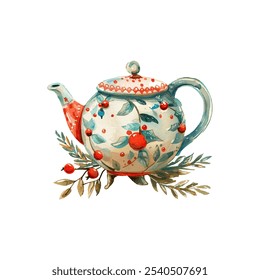 christmas decorated teapot vector illustration in watercolor style