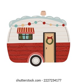 Christmas decorated trailer. Hand drawn winter illustration