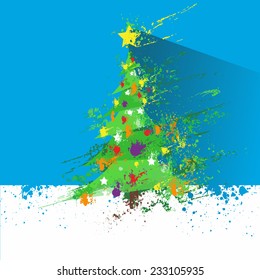 christmas decorated tree abstract ink splash paint white blue background with long shadow flat icon design holiday vector illustration