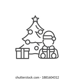 Christmas decorated tree and child color line icon. Glowing lights. Editable stroke.