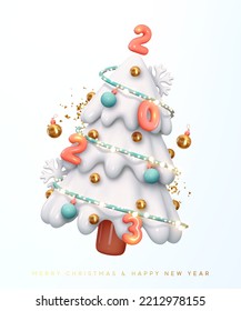 Christmas decorated tree with New Year's numbers 2023. Realistic 3d design in cartoon style, White Christmas tree with garlands. Holiday poster, web banner, greeting card. Vector illustration