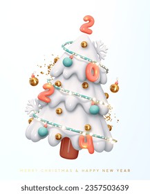 Christmas decorated tree with New Year's numbers 2024. Realistic 3d design in plastic cartoon style, White Christmas tree with garlands. Holiday poster, web banner, greeting card. Vector illustration