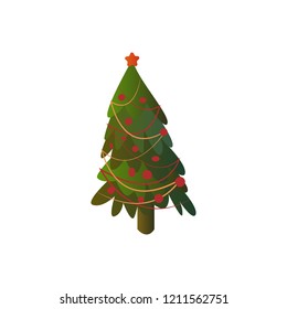 Christmas decorated tree on a white background with a star, ribbons and red circles.