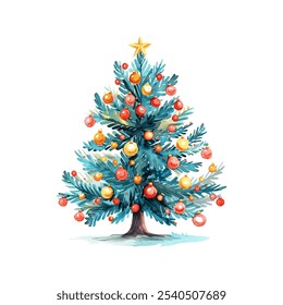 christmas decorated tree vector illustration in watercolor style