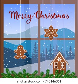 Christmas decorated window, with fir garland, gingerbread man, house. view of Winter landscape with silhouette of mountains and forest. Snowfall. Vector illustration. Peaks, trees. For wallpapers, web