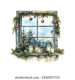 Ilustración vectorial de ventana decorada de Navidad en estilo de acuarela