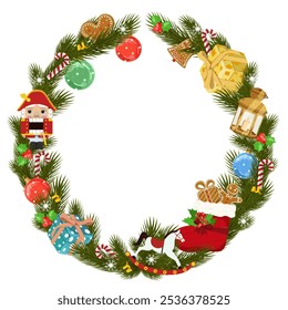 Christmas decorated wreath with Christmas balls, Christmas sock, nutcracker and Christmas gingerbread on a white isolated background. Template for postcard, poster, web design. Vector illustration.