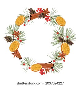 Christmas decorated wreath with orange and cinnamon on a white isolated background. Template for postcard, poster, web design. Vector illustration.