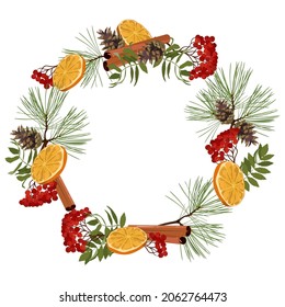 Christmas decorated wreath with orange, pine, rowan and cinnamon on a white isolated background. Template for postcard, poster, web design. Vector illustration.