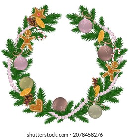 Christmas decorated wreath with pine, christmas balls and christmas gingerbread on a white isolated background. Template for postcard, poster, web design. Vector illustration.