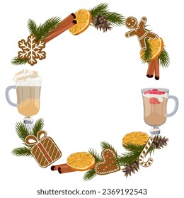 Christmas decorated wreath with pine, gingerbread, orange and cinnamon on isolated background. Template for postcard, poster. Vector illustration.