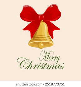 Christmas decorated wreath with red ribbon, pine, yellow jingle bells, rowan and cinnamon. Merry Christmas typography poster. Vector artwork illustration on blue background.
