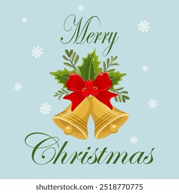 Christmas decorated wreath with red ribbon, pine, yellow jingle bells, rowan and cinnamon. Merry Christmas typography poster. Vector artwork illustration on blue background.