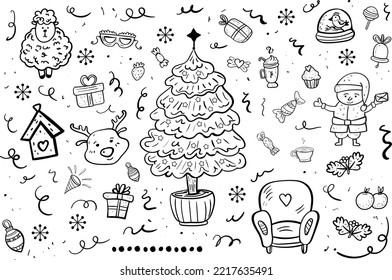 Christmas Decorating Elements Armchair, Glass Ball, Dessert and Toys vector coloring page