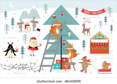 christmas/ decorating christmas tree vector/illustration