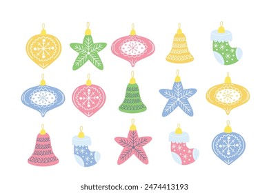 Christmas decoration 2024. Christmas elements colorful illustration in flat vector cartoon style. Vector illustration.