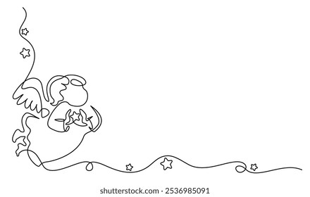 Christmas decoration. Angel and stars, Christmas angel. Continuous one line drawing. Vector illustration.