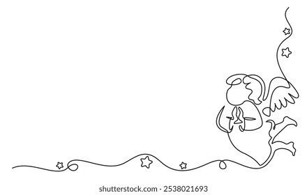 Christmas decoration. Angel and stars, Christmas angel. Continuous one line drawing. Vector illustration.