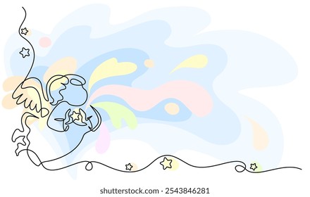 Christmas decoration. Angel and stars, Christmas angel. Continuous one line drawing with color splash. Vector illustration.
