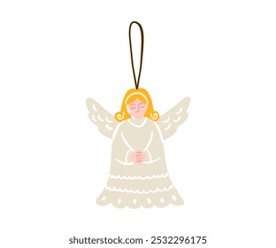 Christmas decoration of angels for the Christmas tree is drawn in a flat style by hand. New Year, Christmas, Holiday.