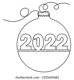 Christmas decoration ball with 2022 pattern, continuous line. Vector illustration, isolated on white background.