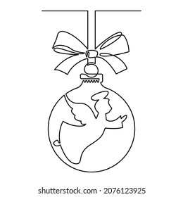 Christmas decoration ball with angel pattern and ribbon bow, continuous line. Vector illustration, isolated on white background.