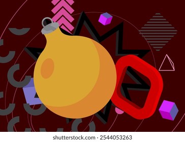 Christmas decoration ball geometrical graphic retro theme background. Minimal geometric elements. Vintage abstract shapes vector illustration.