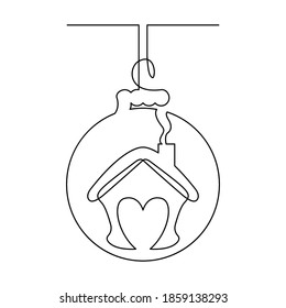 Christmas decoration ball with house pattern, continuous line. Vector illustration, isolated on white background.